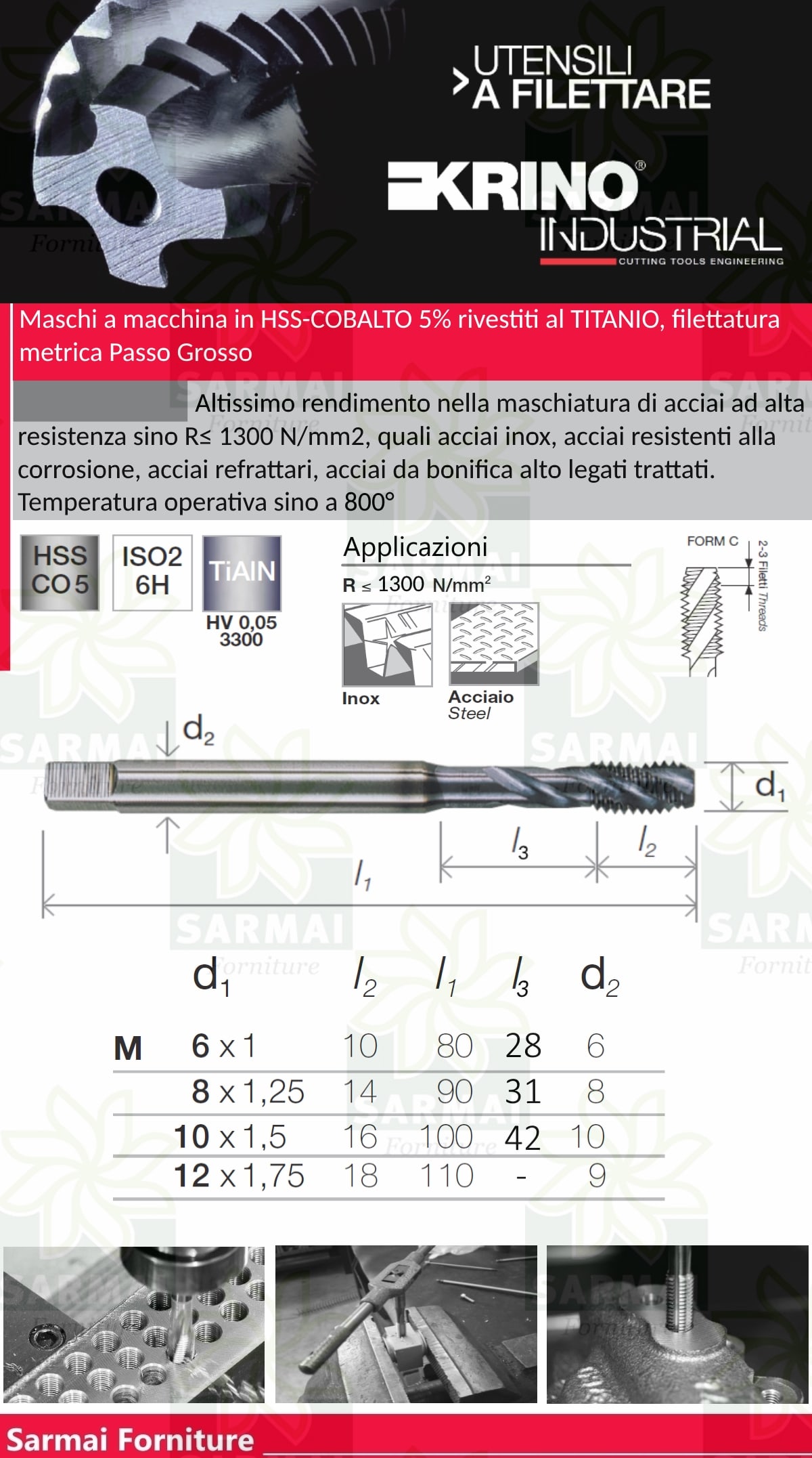 Serie 3 Maschi maschio a mano KRINO Passo Grosso Filetto Metrico