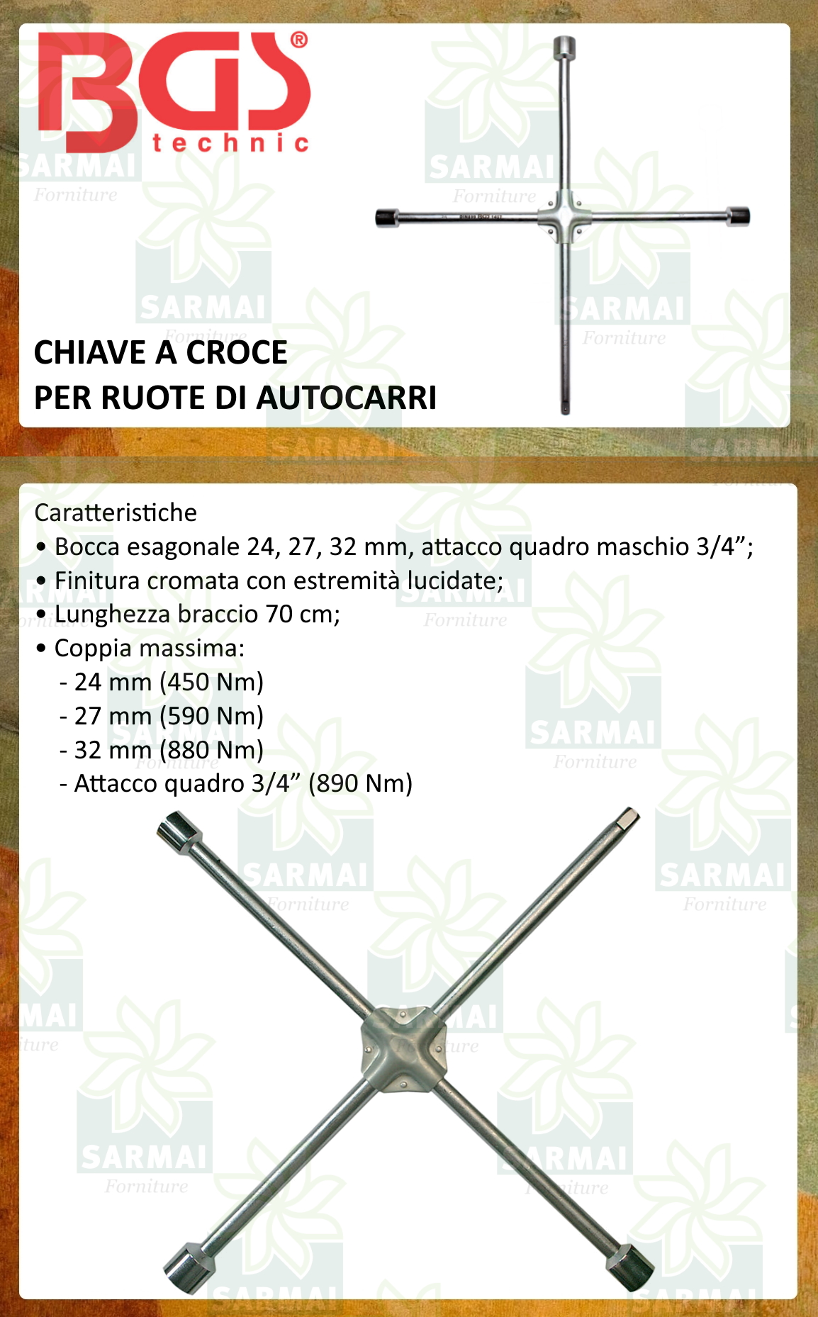 BGS 1457 chiave a croce per dadi ruote camion bussole 24/27/32 mm attacco 3/