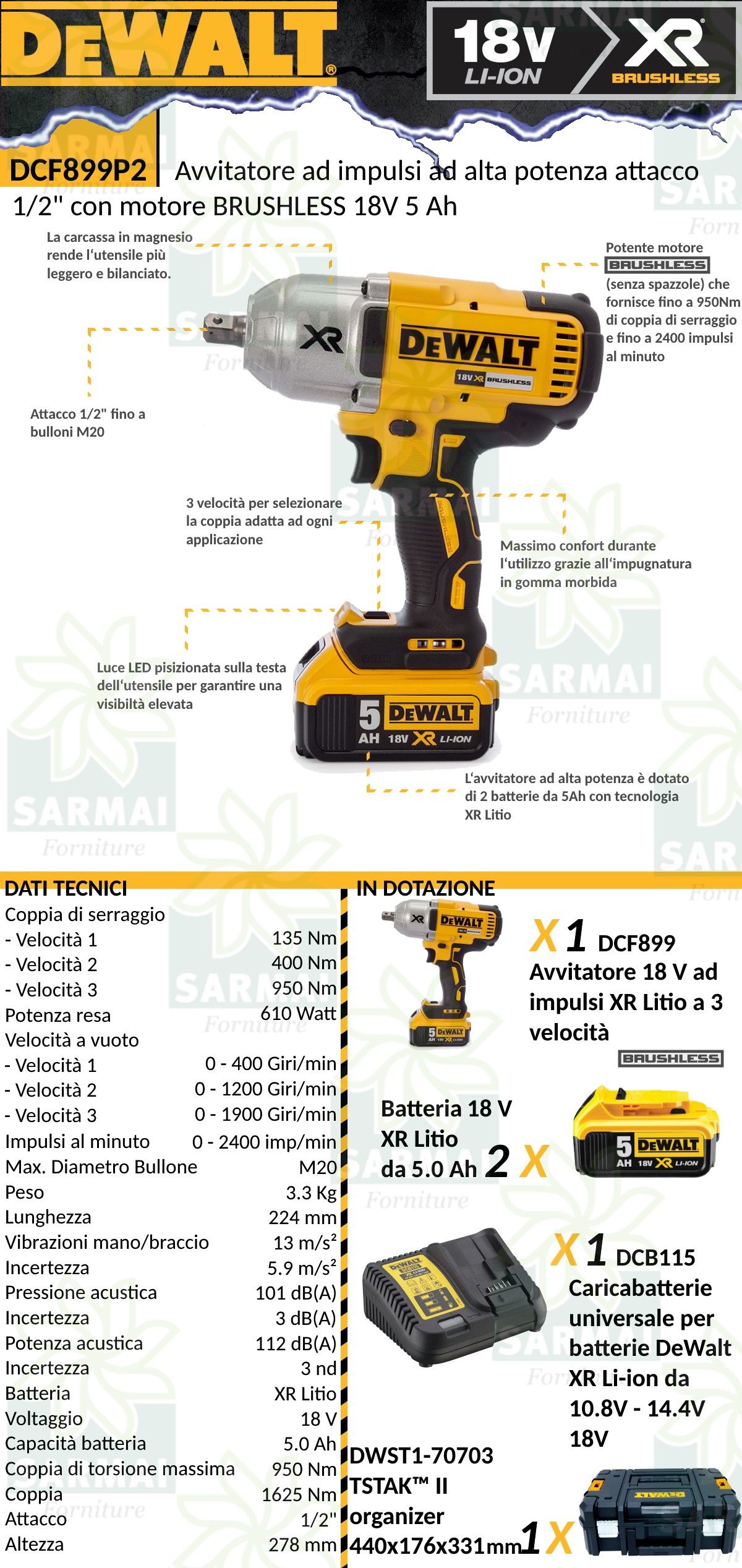 DeWALT DCF899P2 AVVITATORE AD IMPULSI ALTA POTENZA kit 2x 5 Ah