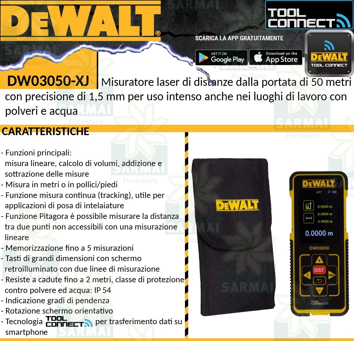 DeWALT DW03050 Misuratore laser di distanze 50 m precisione 1,5 mm