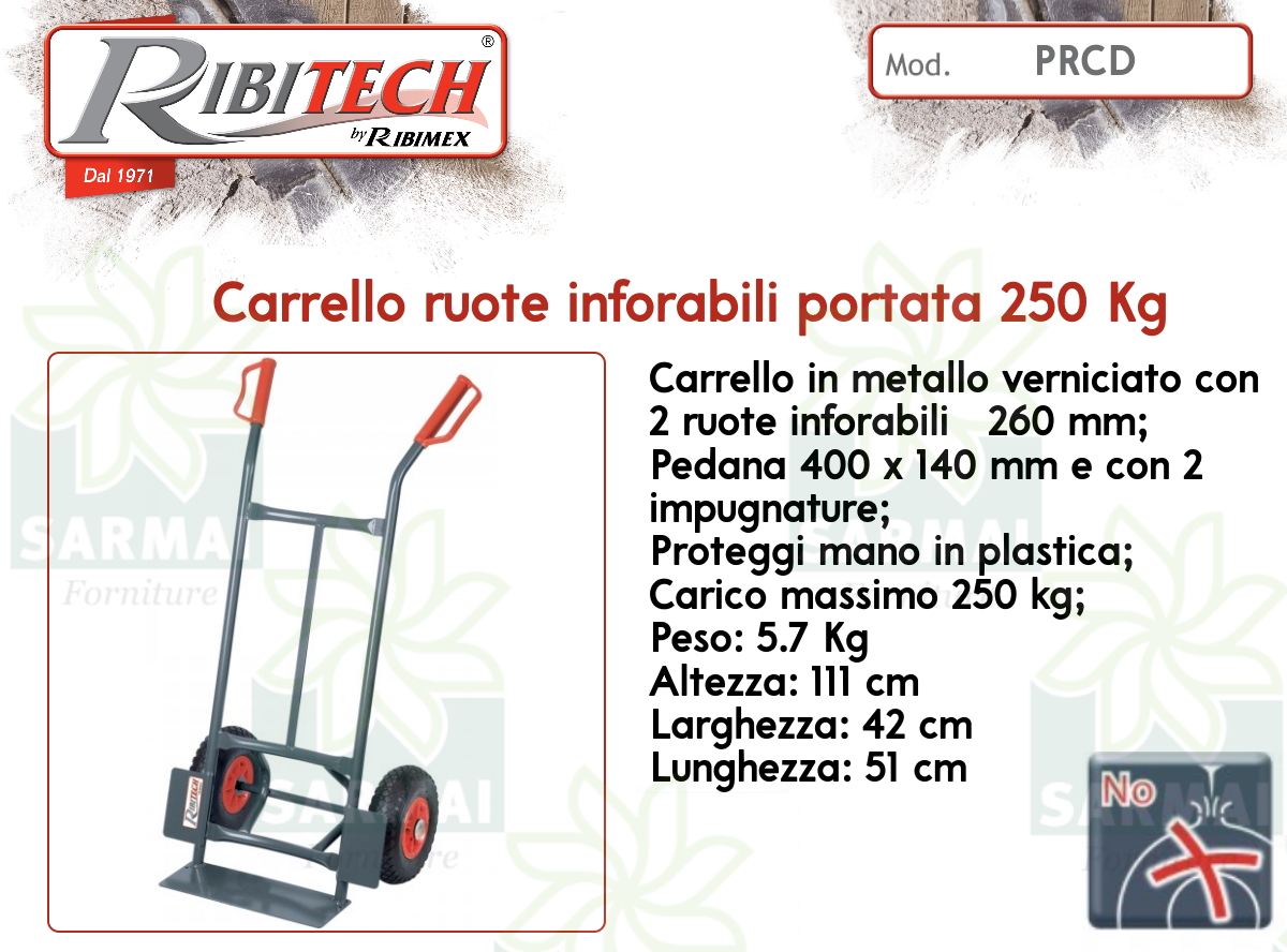 CARRELLO RIBIMEX PORTA PACCHI PORTATA 250 KG RUOTE ANTI FORATURE