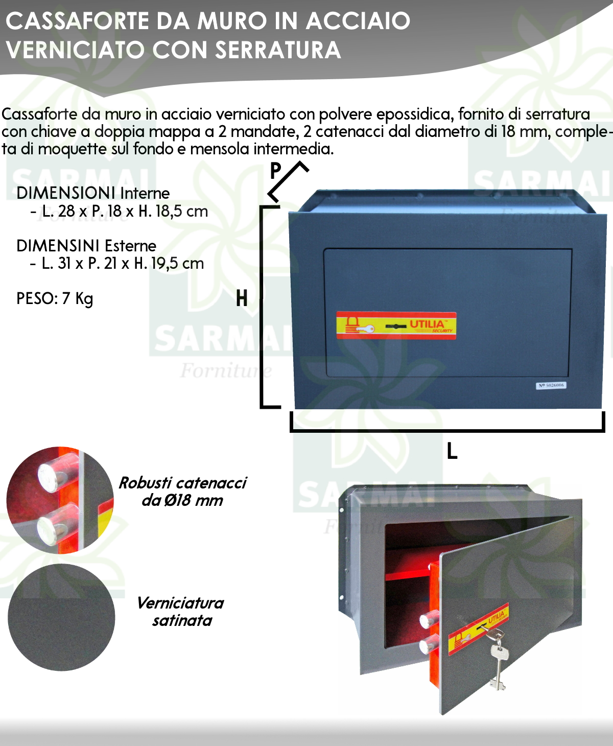 Cassaforte A Muro Da Incasso 31x19,5x21 Cm In Acciaio Con Chiave